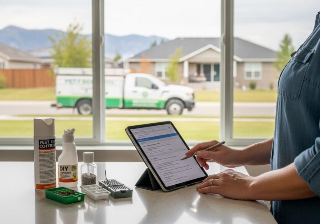 Southeast Idaho homeowner comparing DIY pest control supplies with professional service estimates.