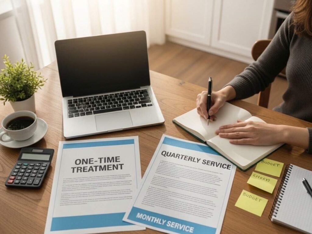 Homeowner reviewing pest control service plans and payment options on a laptop at a kitchen table.