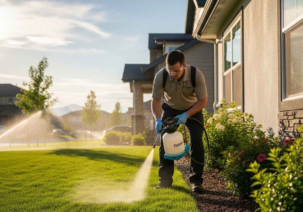 Pest control technician performing seasonal preventative treatment around a Southeast Idaho home exterior.