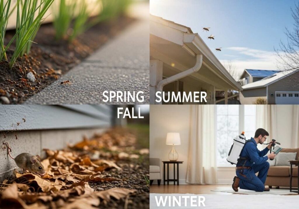 Four-season view of Southeast Idaho homes showing spring ants, summer wasps, fall rodent activity, and winter pest inspections.