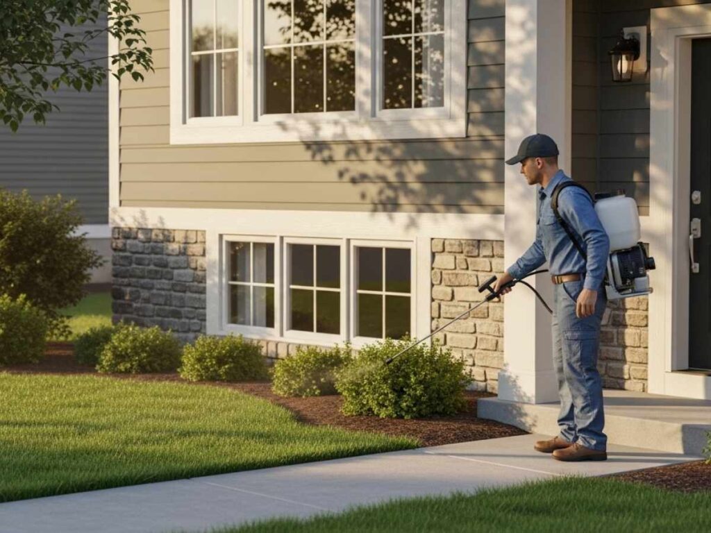 Pest control technician applying a perimeter barrier treatment around a home's foundation for preventative pest control.