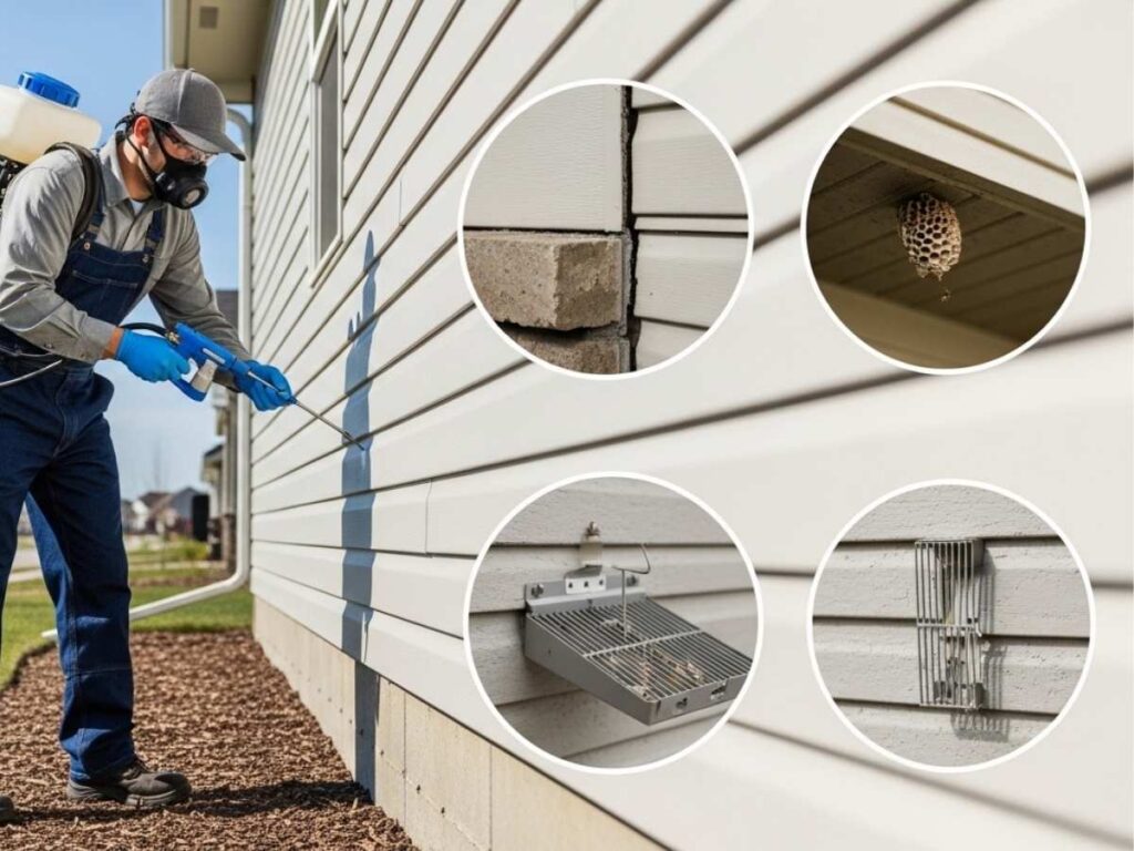 Pest control technician applying targeted exterior treatment around a home’s foundation.