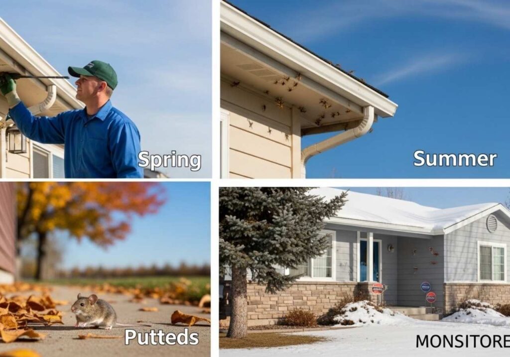 Four-season pest control in Idaho showing spring treatments, summer wasps, fall rodent pressure, and winter home protection.