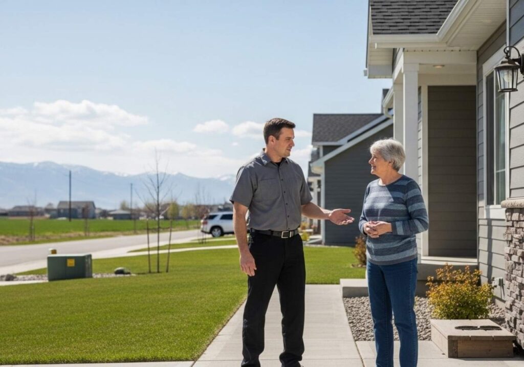 Local Idaho pest control professional discussing long-term home protection with homeowner in a Southeast Idaho neighborhood.