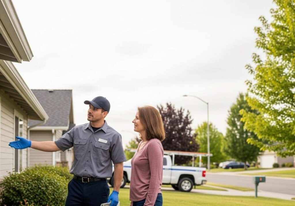 Pest control technician inspecting a Southeast Idaho home while discussing service options with the homeowner.