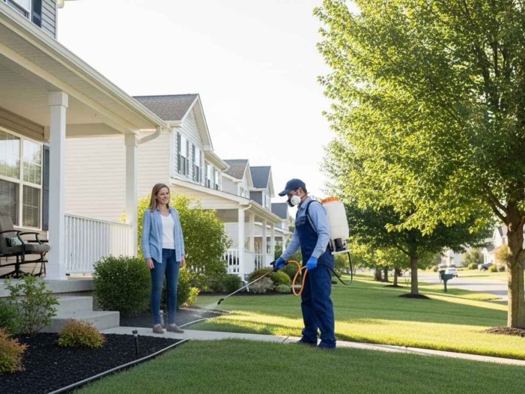 Pest control technician applying preventative treatment around a home’s exterior while a homeowner observes from the porch.