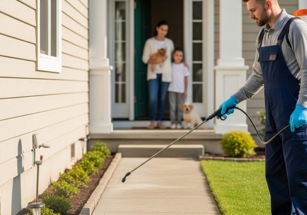 Pest control technician applying safe exterior treatment while family and dog wait indoors.