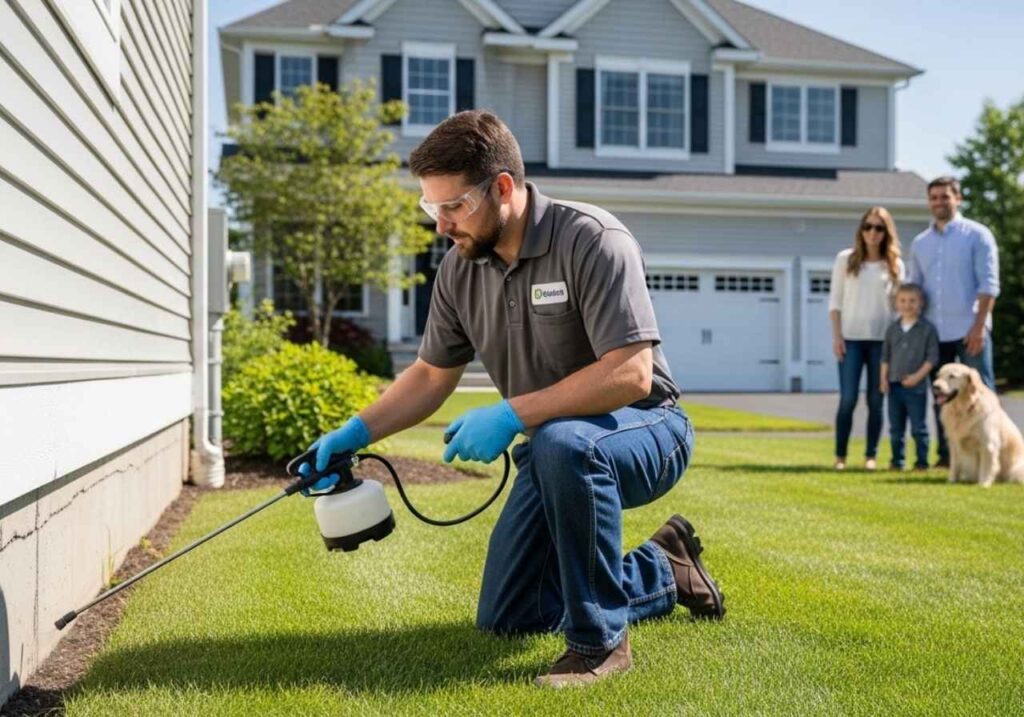 Pest control technician applying exterior treatment while a family and dog remain safely nearby.