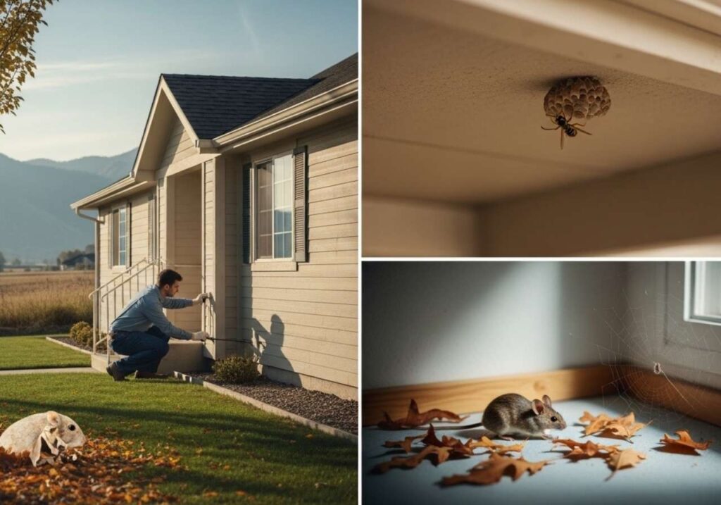 Southeast Idaho home showing seasonal pest prevention, including foundation treatment, wasps, mice, and basement spiders.