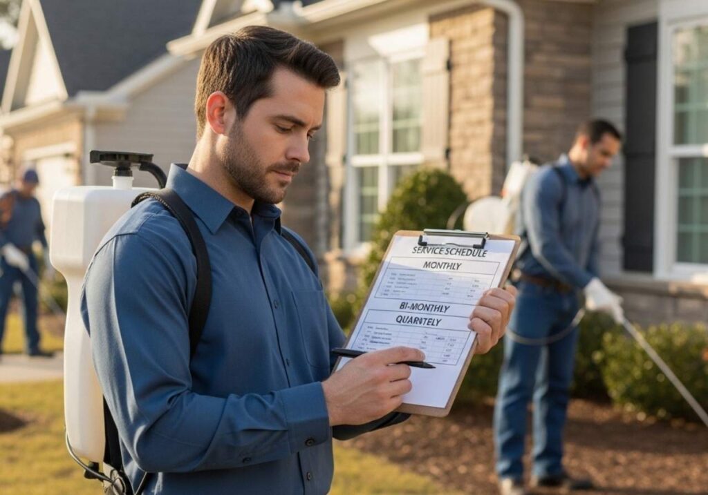 Pest control technician reviewing monthly and quarterly service options outside a residential home.