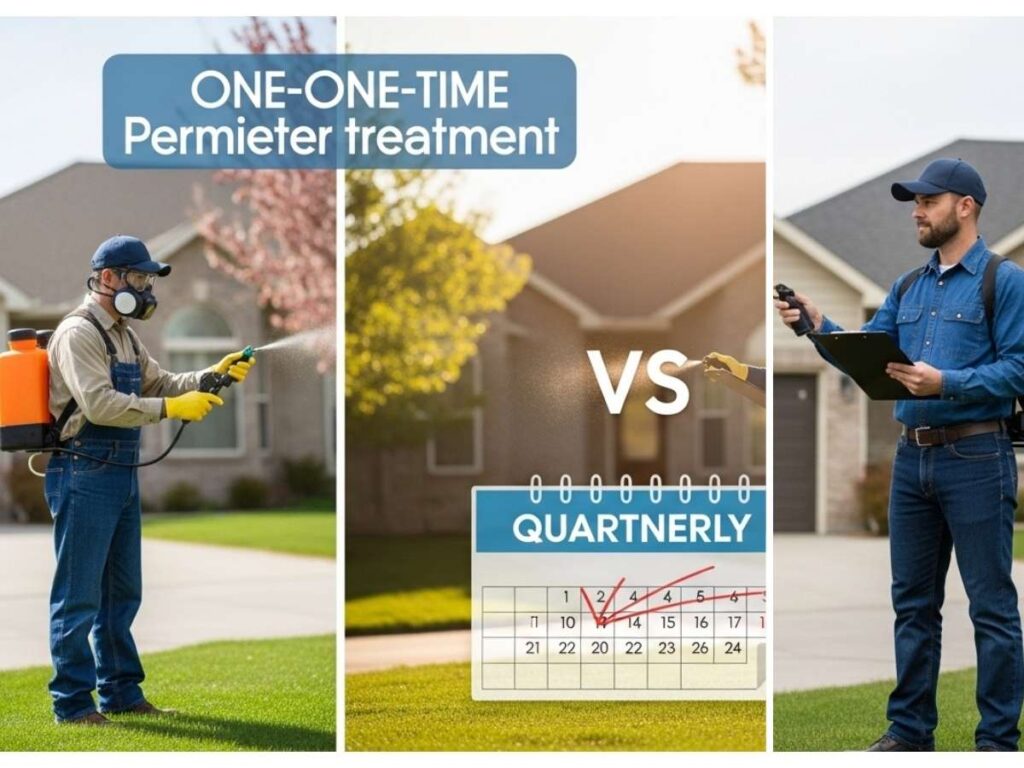 Comparison of one-time pest control treatment and recurring quarterly service plan at an Idaho home.