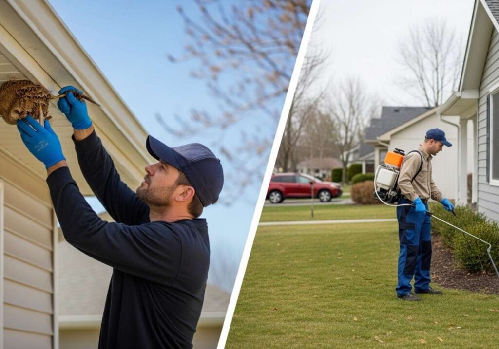 Side-by-side comparison of one-time wasp removal and routine monthly pest control treatment at a residential home.
