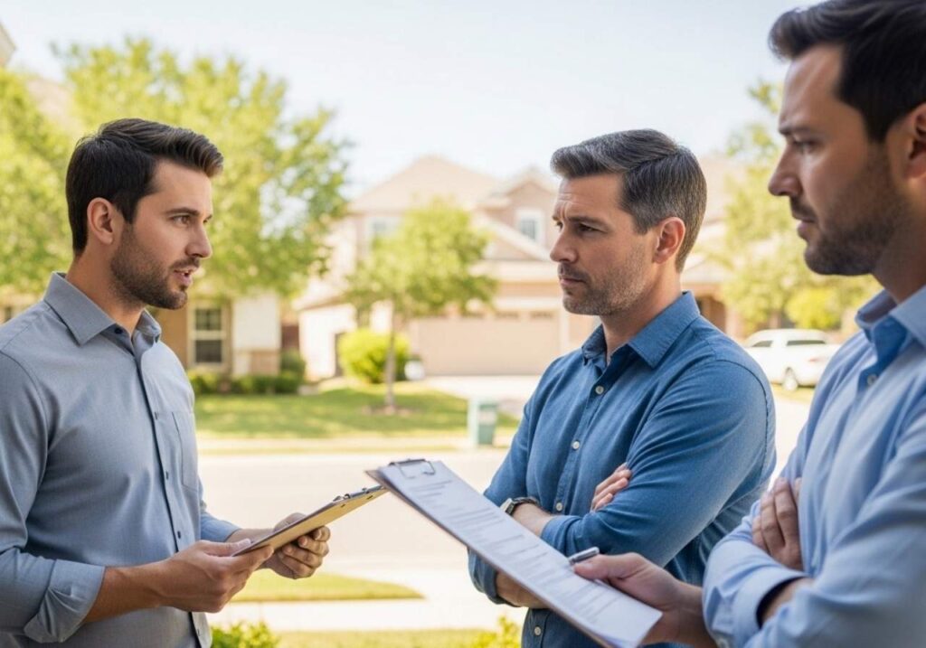 Homeowner cautiously listening to a door-to-door pest control salesperson offering a contract at the front door.