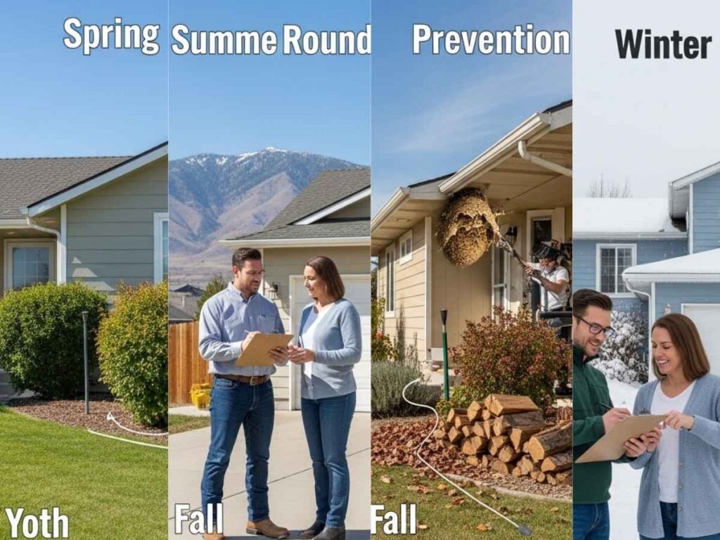 Seasonal pest prevention steps around a Southeast Idaho home with technician discussing follow-up care.
