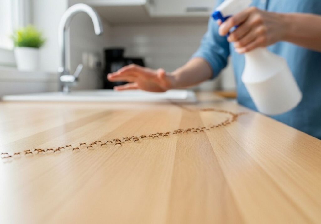 Ants on a kitchen counter as a homeowner reacts with pest spray.