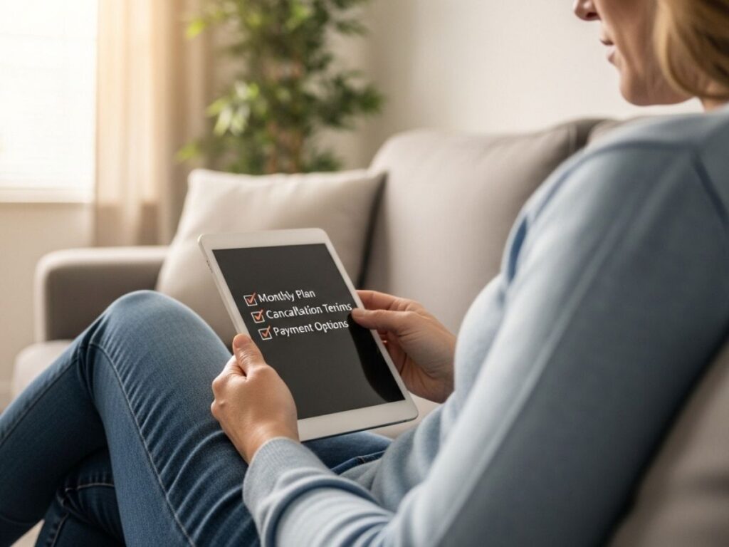 Homeowner reviewing pest control payment options and service details on a tablet in a living room.