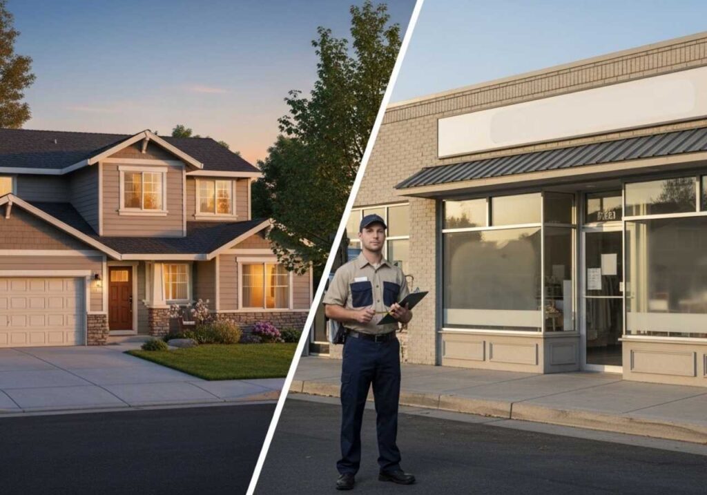 Side-by-side view of a residential home and small business receiving professional pest control service.