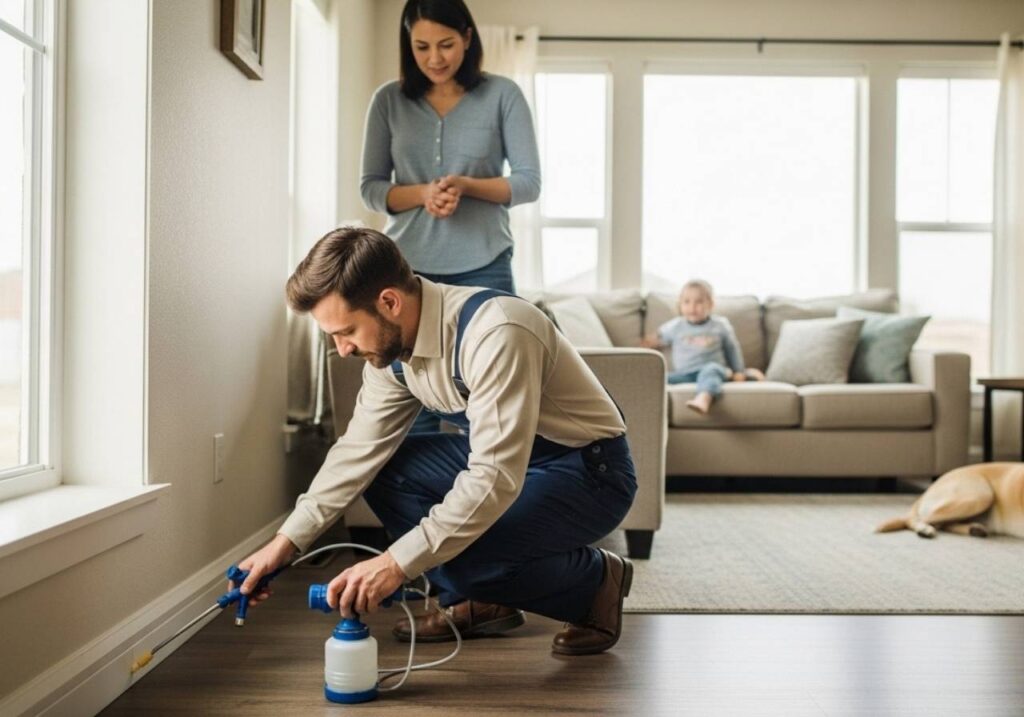 Pest control technician carefully applying targeted baseboard treatment in a bright family living room with child and dog nearby.
