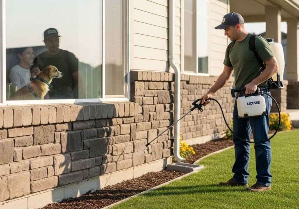 Pest control technician applying targeted exterior treatment while a family with a child and dog safely waits inside their Southeast Idaho home.