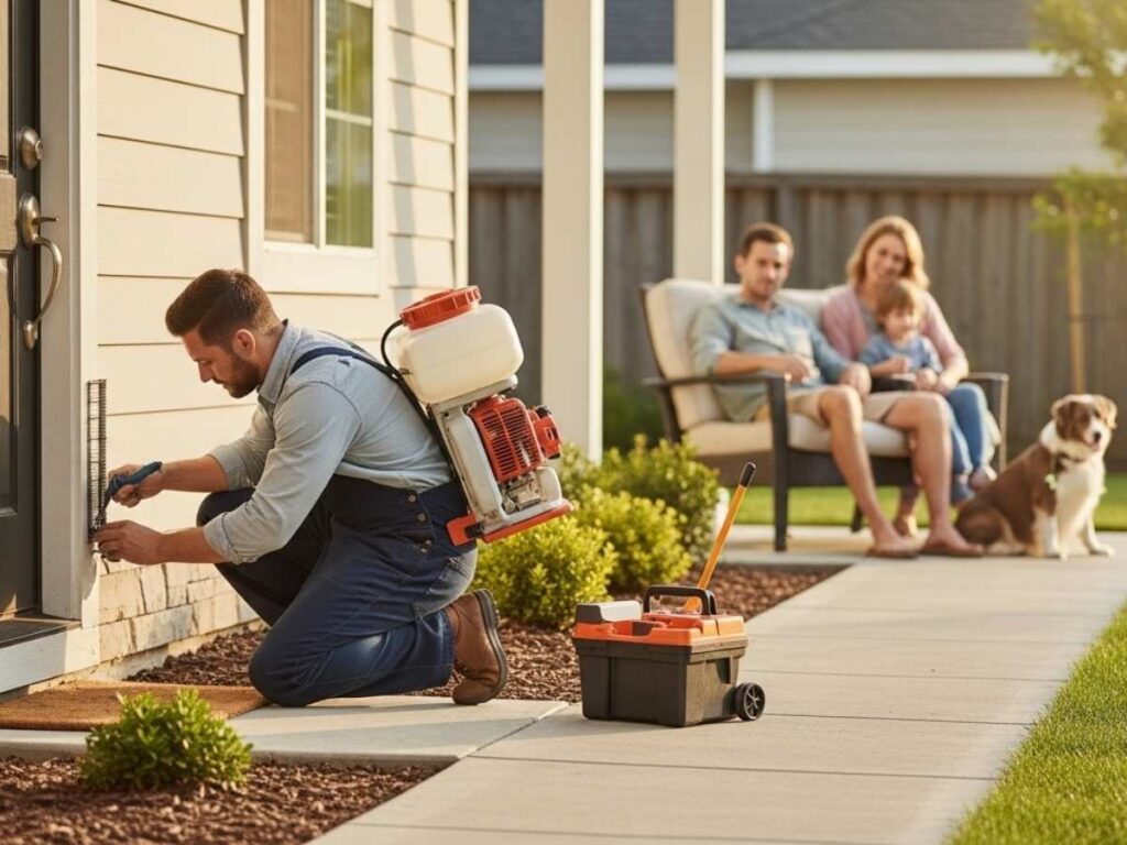 Family with a child and dog relaxing outside their home while a pest control technician performs a safe exterior treatment.