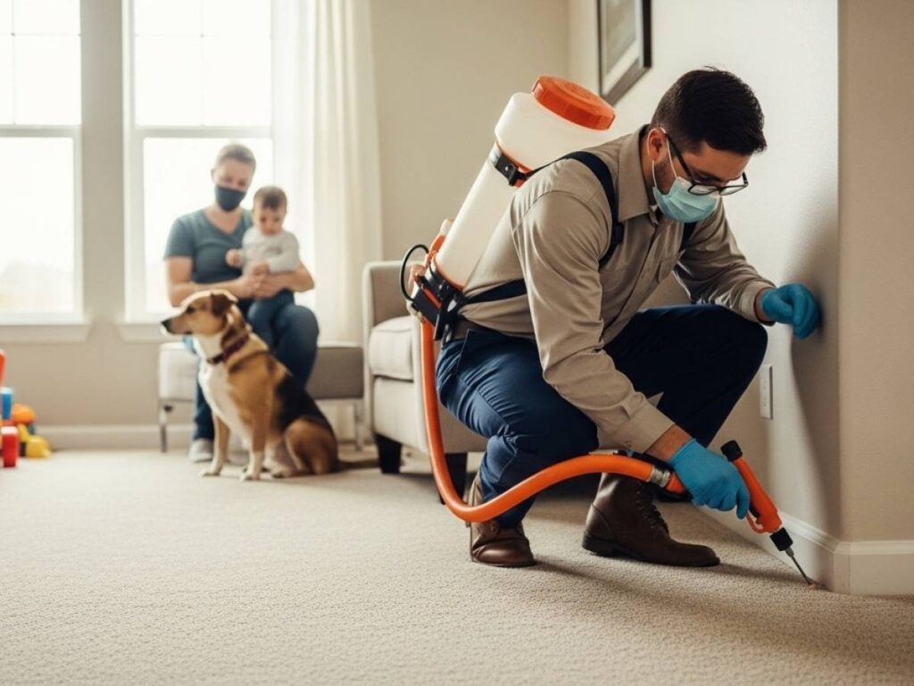 Pest control technician applying targeted baseboard treatment in a family home while children and pets remain safely nearby.
