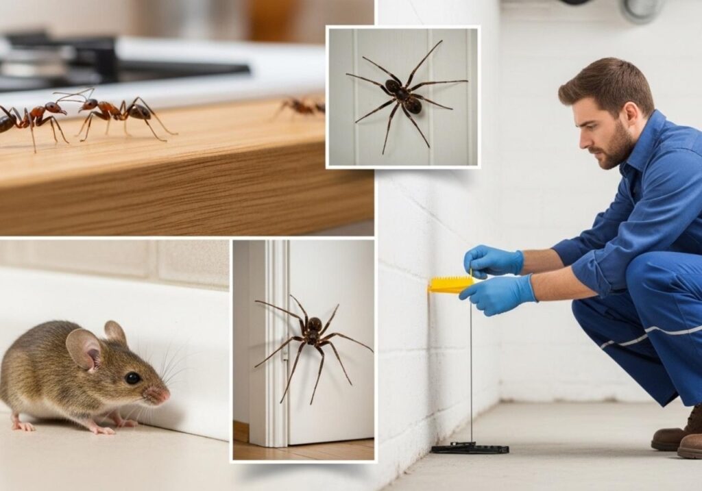 Common household pests like ants, mice, and spiders shown as examples of pest-specific warranty coverage.