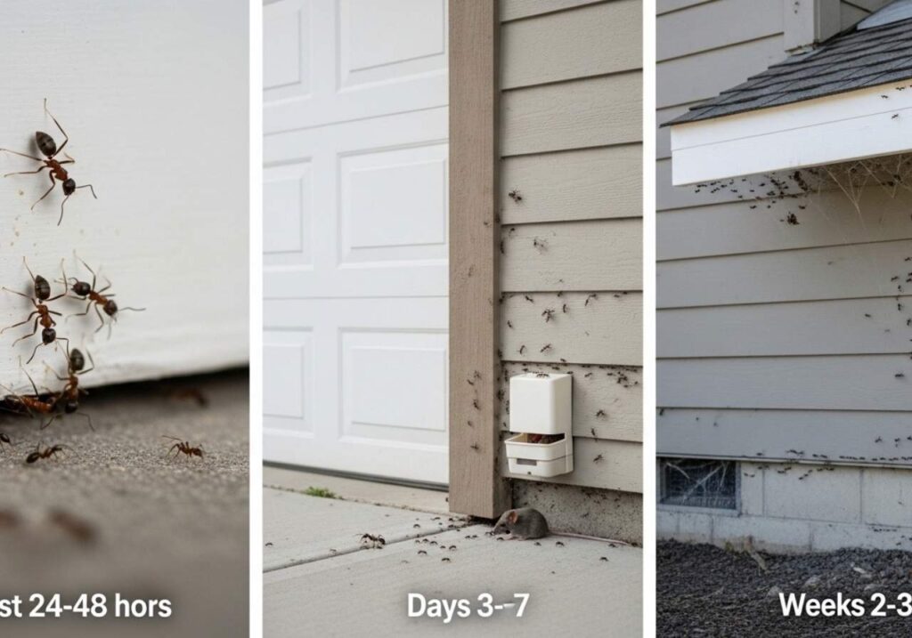 Visual timeline showing pest activity decreasing over three weeks after professional treatment in a Southeast Idaho home.