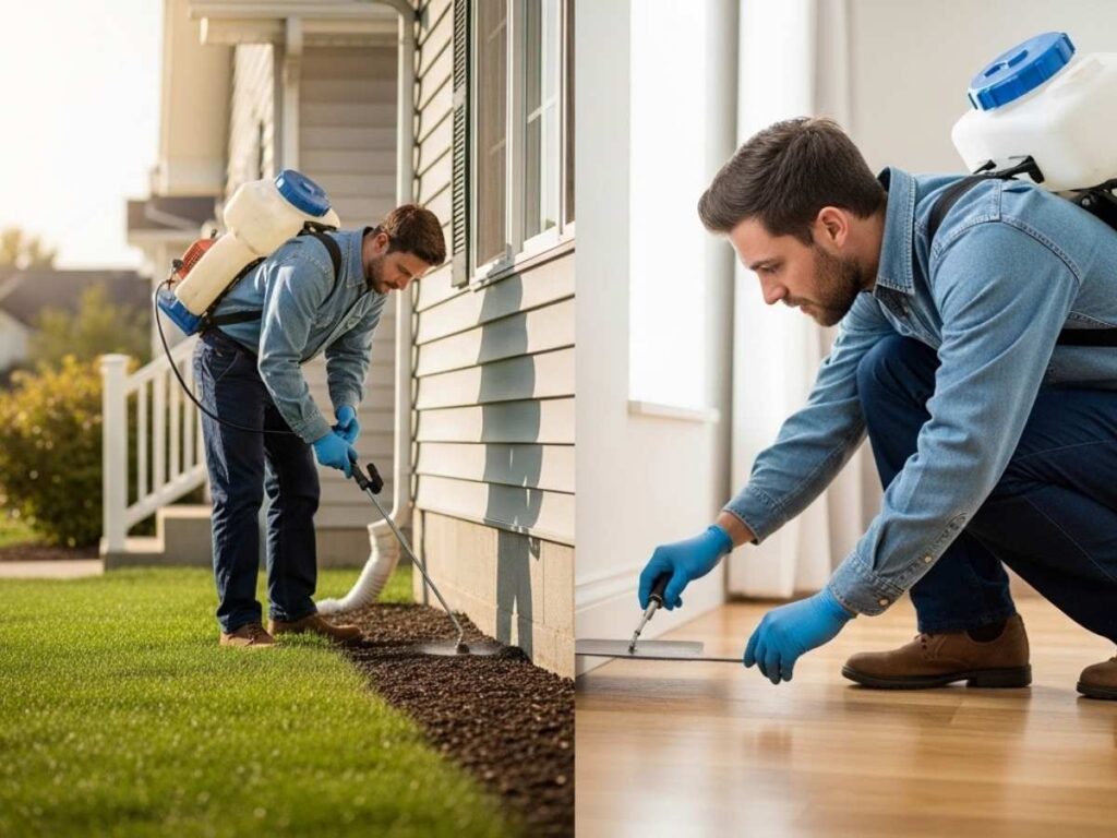 Pest control technician performing exterior treatment and interior inspection as part of routine home pest control service.