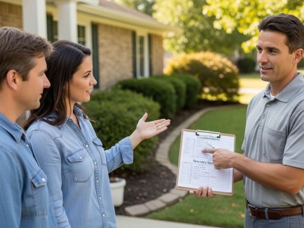 Pest control technician explaining routine service coverage and specialized pest treatments to a homeowner outside their house.