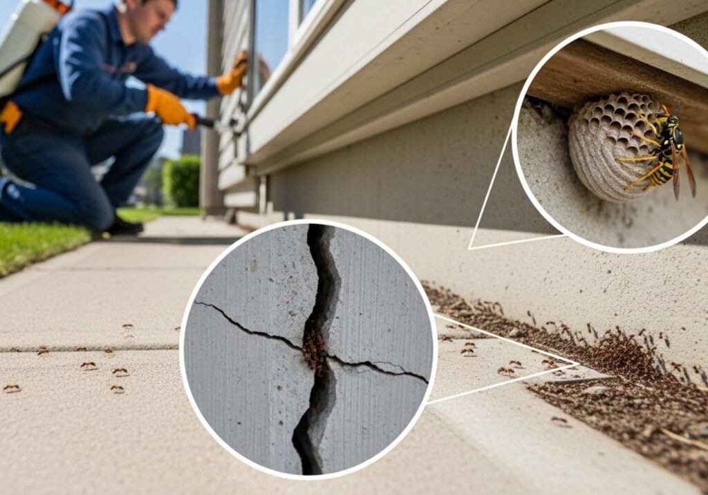 Preventative pest control treatment around a home foundation with early ant and wasp activity.