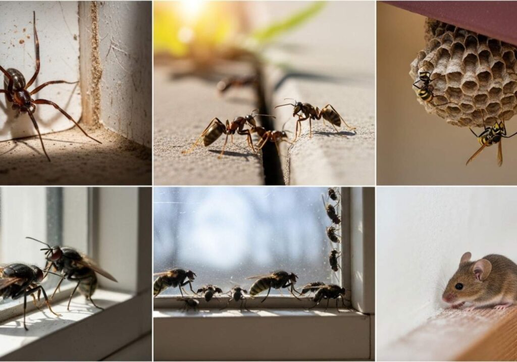 Seasonal household pests in Southeast Idaho including spiders, ants, wasps, cluster flies, and mice.