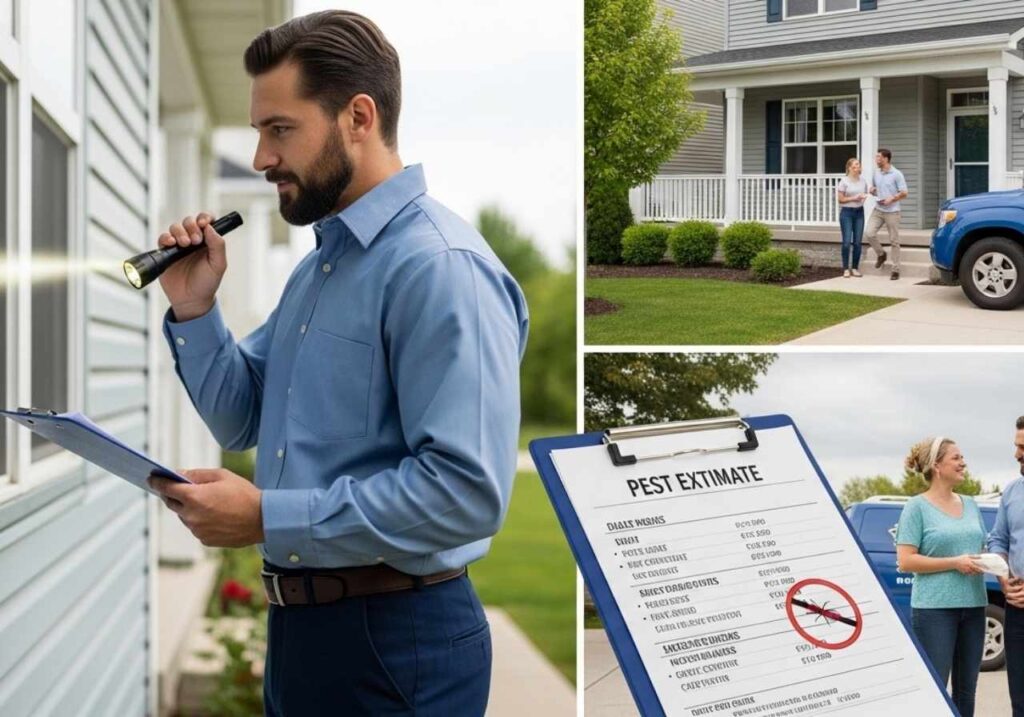 Licensed pest control technician inspecting a home and reviewing a written estimate with homeowners beside a branded company truck.