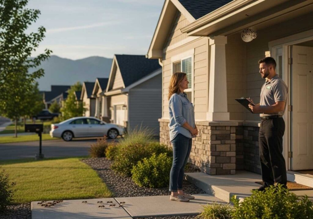 Professional pest control technician consulting with a Southeast Idaho homeowner outside a suburban home.