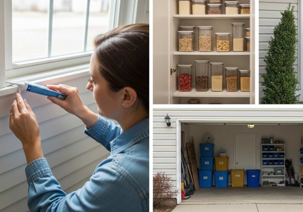 Homeowner sealing cracks, organizing storage, and trimming shrubs to support pest prevention.