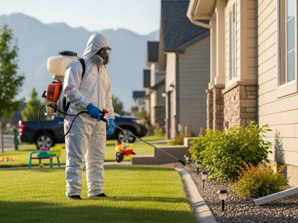 Pest control technician applying a protective perimeter treatment around a Southeast Idaho home in a safe, family-friendly setting.