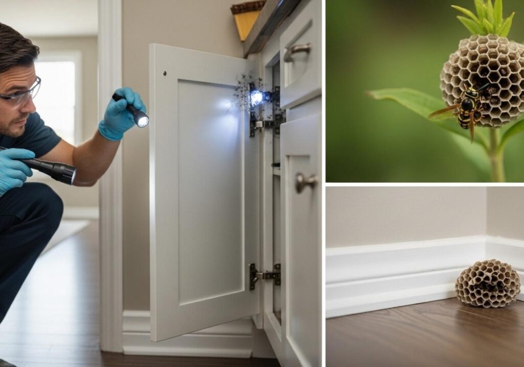 Pest control technician performing a focused inspection and treatment during a one-time residential service visit.