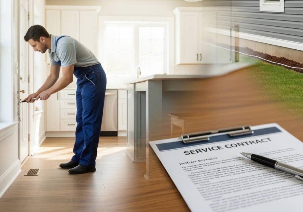 Pest control technician inspecting a clean home with a written service guarantee contract visible on a table.