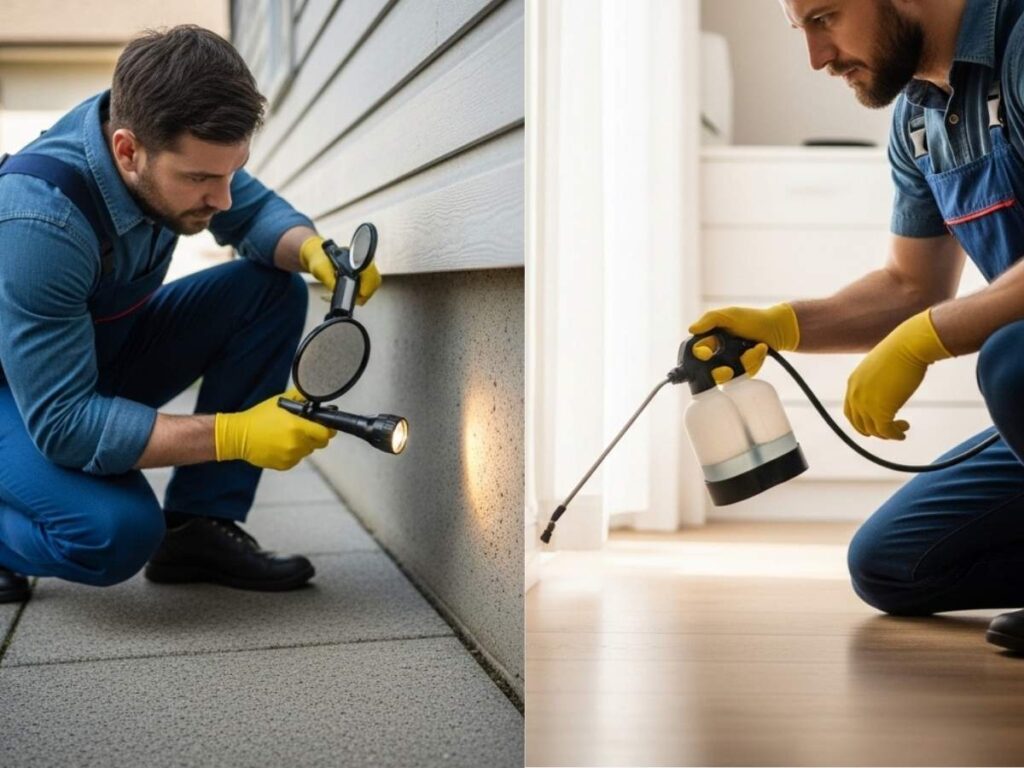 Pest control technician inspecting a home and applying targeted treatment along interior baseboards during a routine service visit.