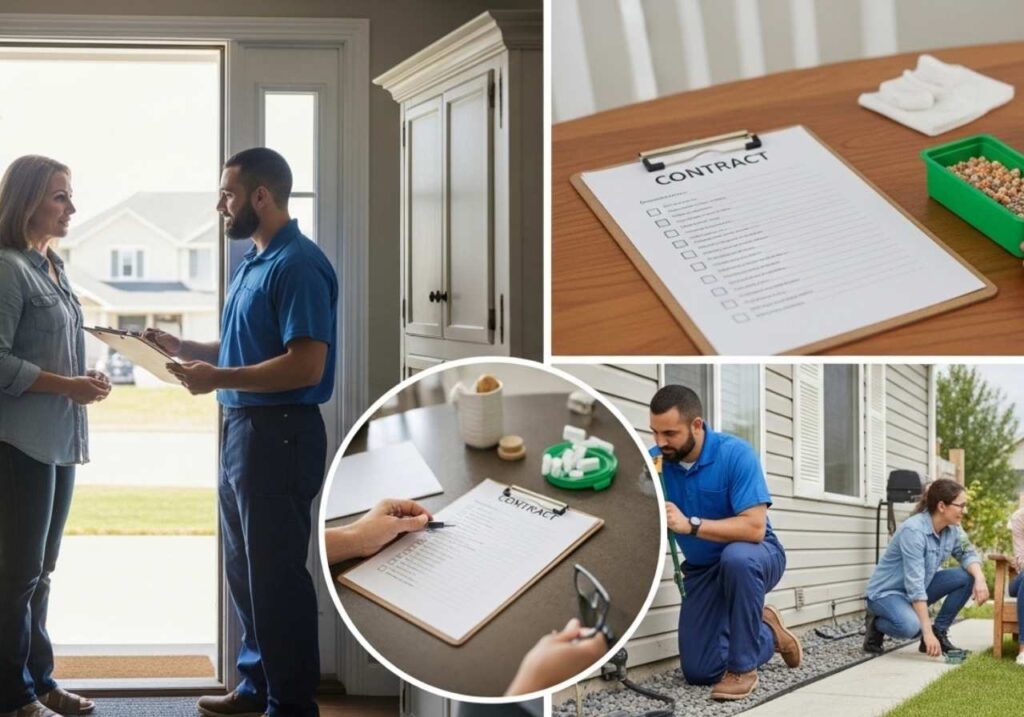 Homeowner reviewing pest control contract and asking questions about coverage, guarantees, and pet-safe treatments.