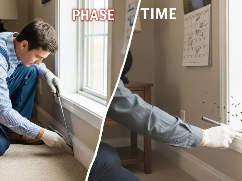 Pest control technician applying indoor treatment with calendar showing gradual improvement over several days.