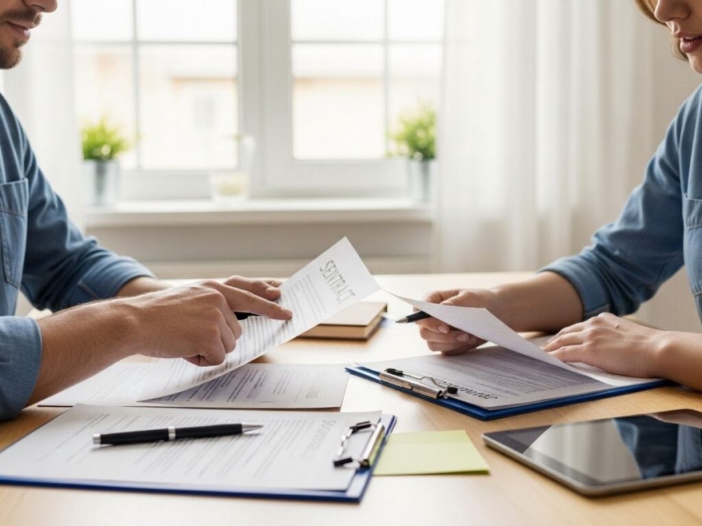 Homeowner and pest control technician reviewing a service contract together at a kitchen table.