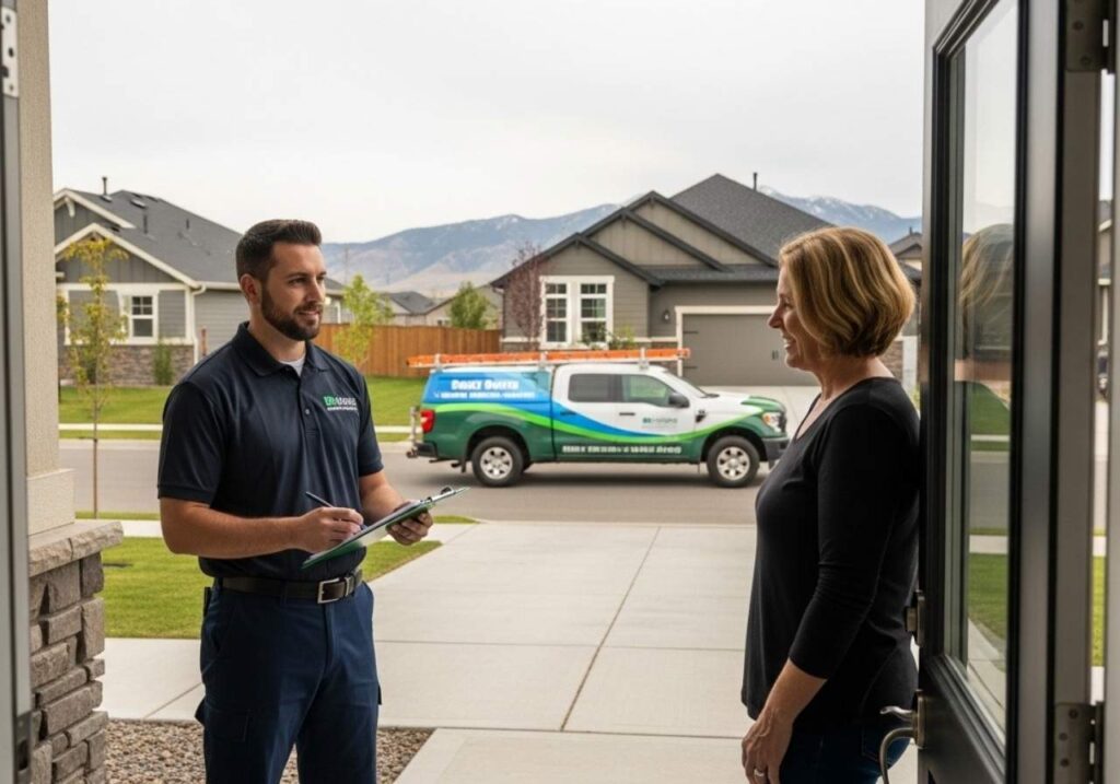 Local Southeast Idaho pest control technician discussing service details with homeowner outside a suburban house.