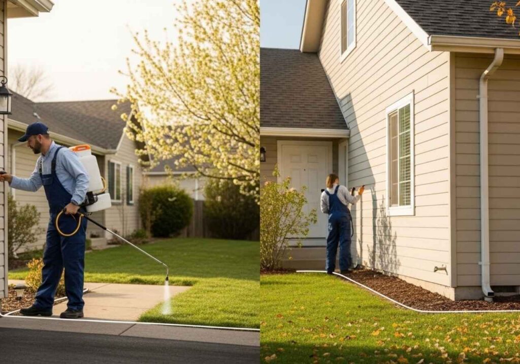 Pest control technician providing routine exterior treatment and inspection as part of a recurring monthly service plan.