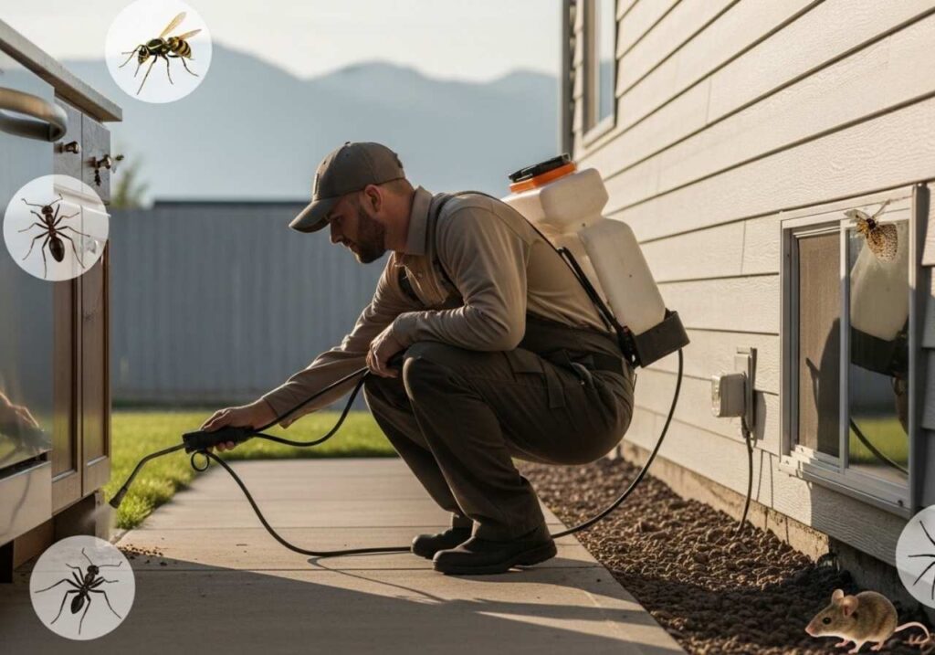 Pest control technician treating the exterior of a Southeast Idaho home to prevent ants, spiders, wasps, and mice.