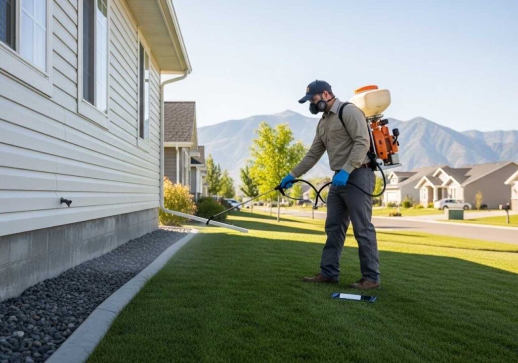 Pest control technician performing preventative quarterly treatment outside a Southeast Idaho home.