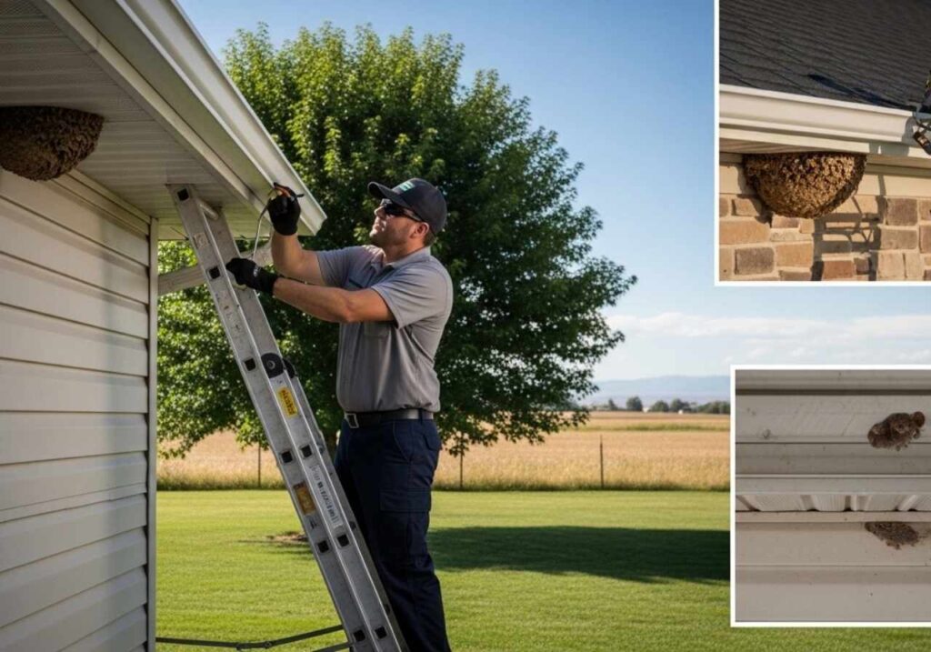 Pest control technician inspecting a wasp nest on a Southeast Idaho home roofline with rural landscape in background.