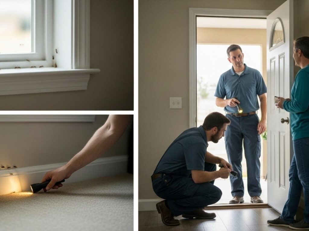 Pest control technician inspecting minor indoor pest activity and discussing follow-up service with homeowner.