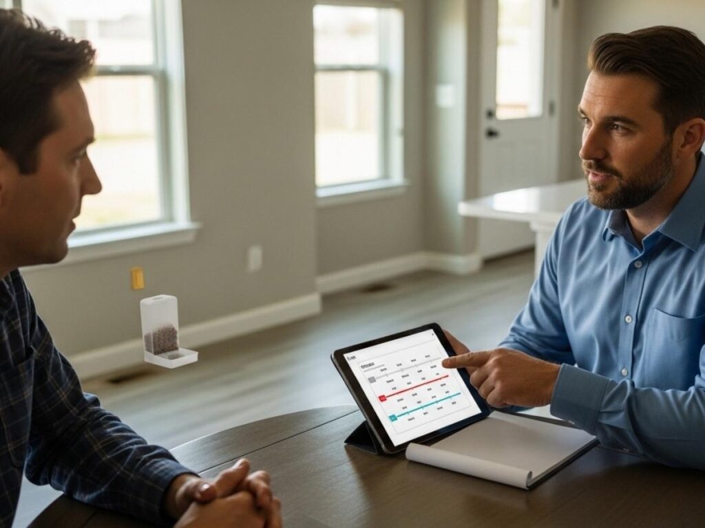 Pest control technician discussing follow-up results and treatment timeline with a homeowner at a kitchen table.