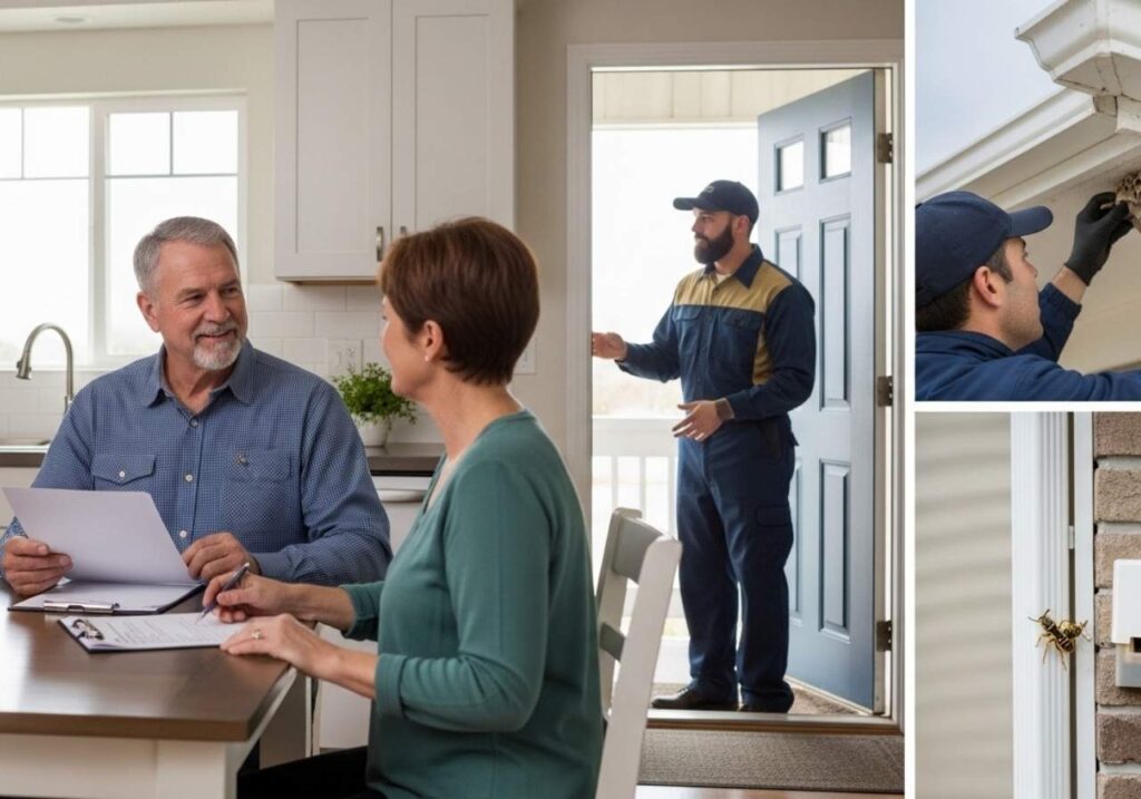 Homeowner reviewing pest control service agreement while technician explains coverage, rodent monitoring, and wasp removal details.