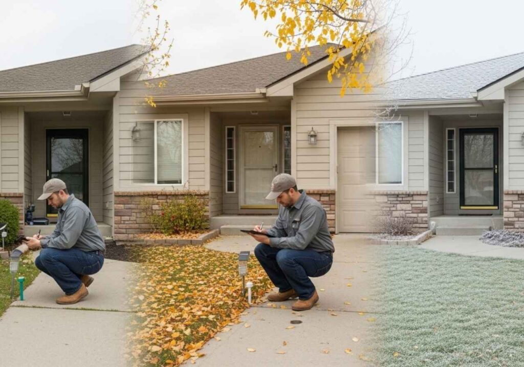 Pest control technician performing seasonal maintenance and sealing entry points at a Southeast Idaho home for long-term protection.